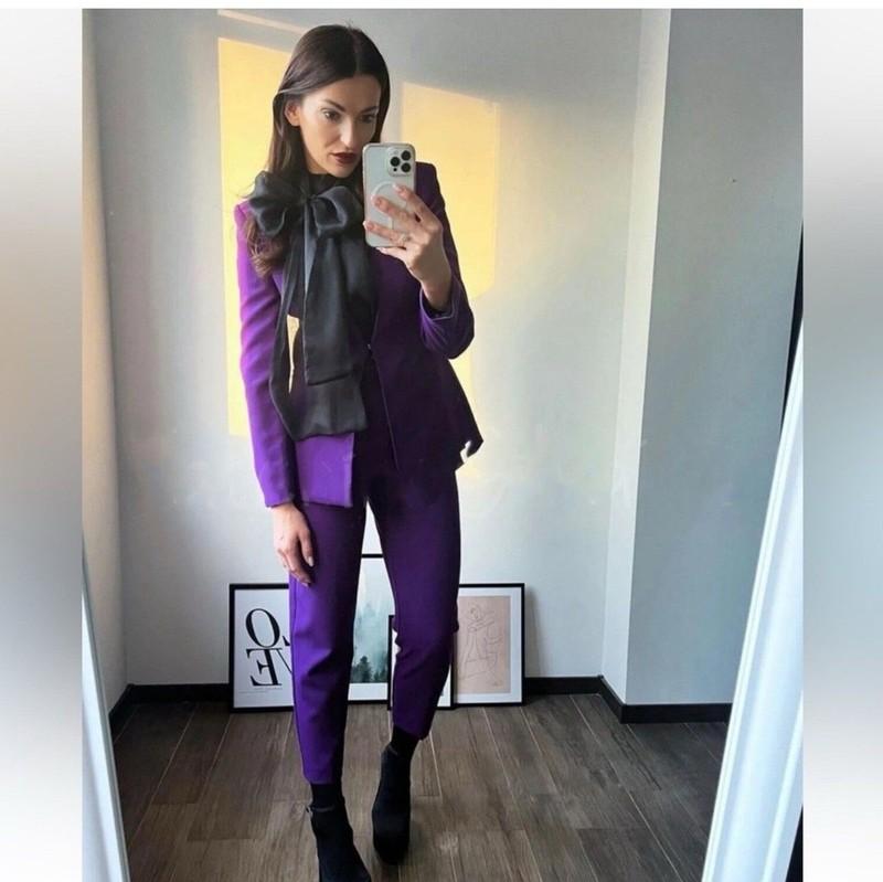 ZARA LAPELLESS FITTED BLAZER DARK PURPLE SZ S Career Wear Office 8135/701