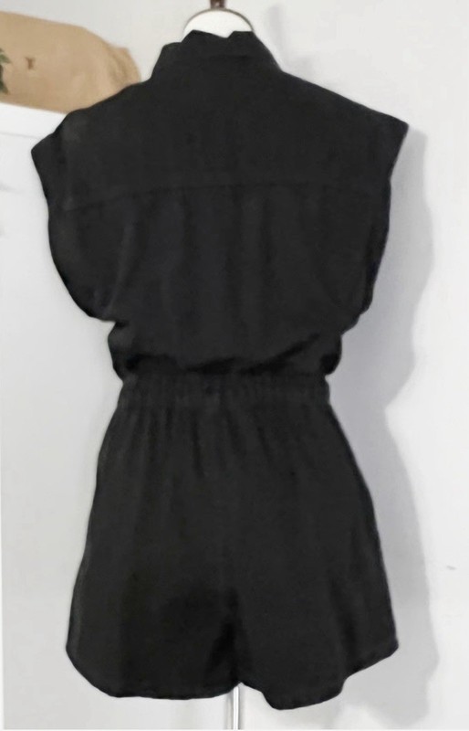 ZARA Large Black Snap-Button Sleeveless Collared Pockets Short Denim Jumpsuit
