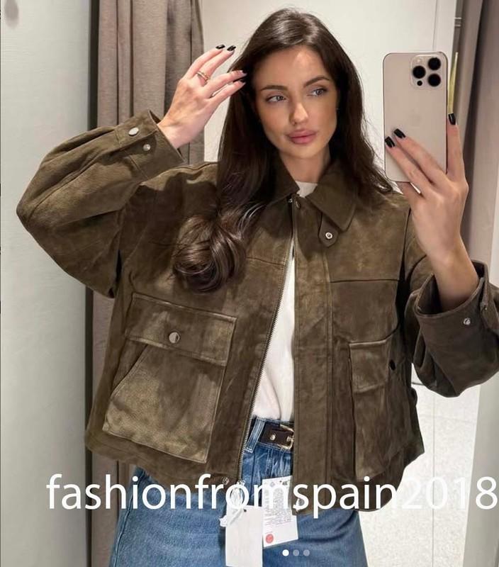 ZARA NEW WOMAN 100% LEATHER BOMBER JACKET KHAKI XS-XL 8073/253/505