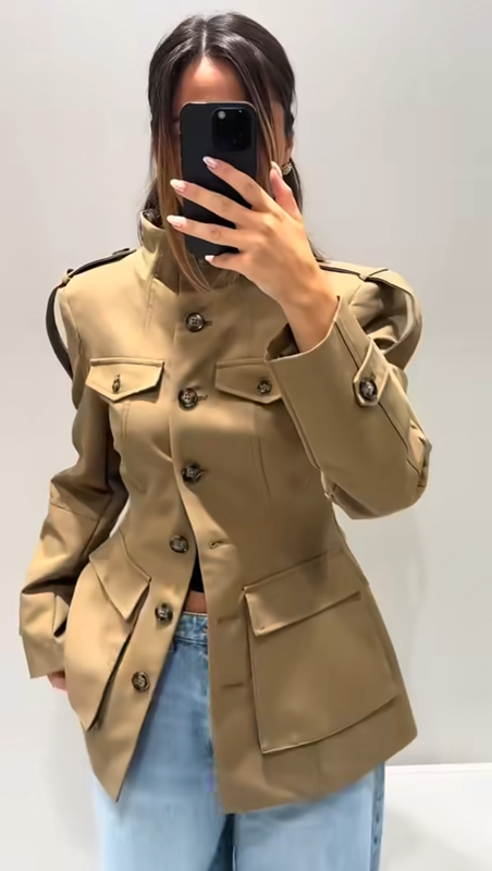 ZARA NEW WOMAN FW25 ARMY STYLE TABBED POCKET JACKET LIGHT KHAKI 4341/718/506