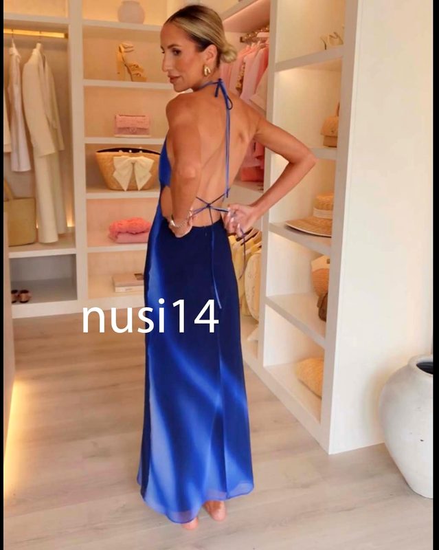 ZARA NEW WOMAN LONG PRINTED HALTER LONG DRESS OPEN-BACK BLUES 8222/122/112