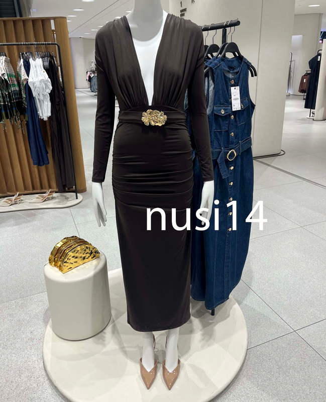 ZARA NEW WOMAN MIDI POLYAMIDE DRESS WITH HARDWARE BELT BROWN S M L 1026/170/700