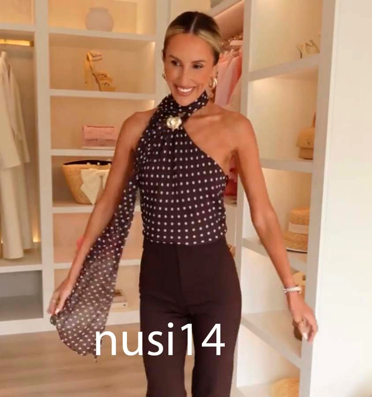 ZARA NEW WOMAN SCARF HARDWARE POLKA DOT HALTER TOP BROWN ECRU XS-XL 1165/174/086