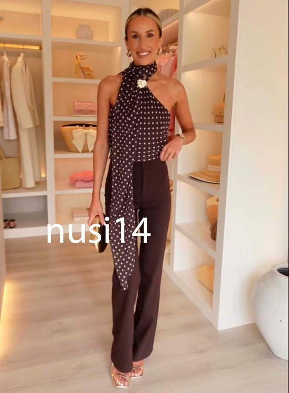 ZARA NEW WOMAN SCARF HARDWARE POLKA DOT HALTER TOP BROWN ECRU XS-XL 1165/174/086