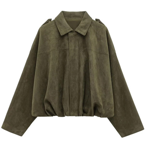 ZARA NEW Women Faux Suede Bomber Jacket Green