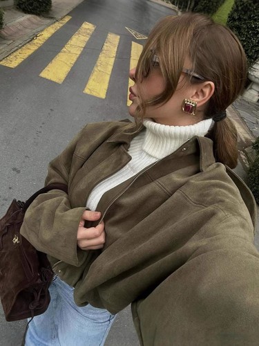 ZARA NEW Women Faux Suede Bomber Jacket Green