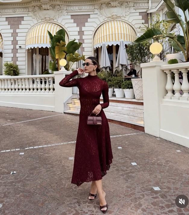 ZARA NWT WOMAN SS25 LACE MIDI DRESS BURGUNDY 4813/318