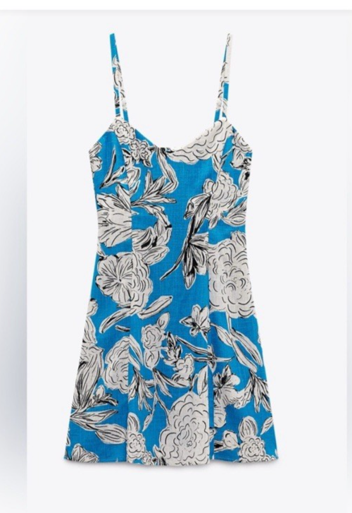 Zara Sz S Floral Linen Blend Blue Short Mini Straps NWT