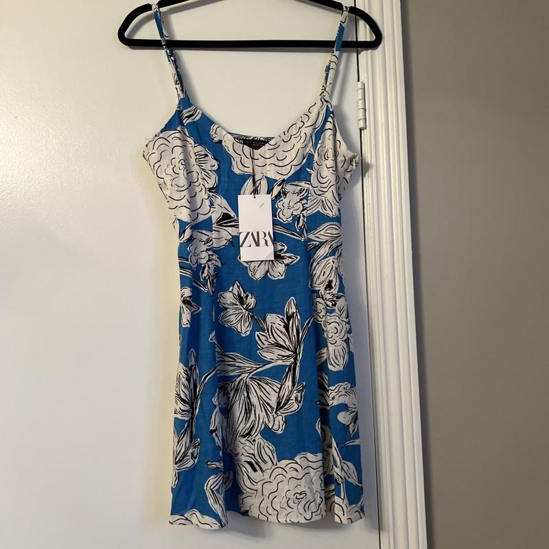 Zara Sz S Floral Linen Blend Blue Short Mini Straps NWT