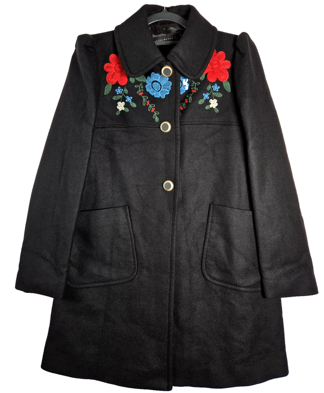 Zara Woman Size Large Black Wool Blend Embroidered Floral Yoke Collar Lined Coat