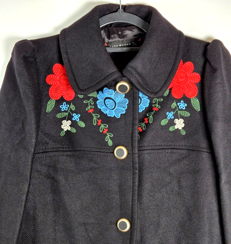 Zara Woman Size Large Black Wool Blend Embroidered Floral Yoke Collar Lined Coat