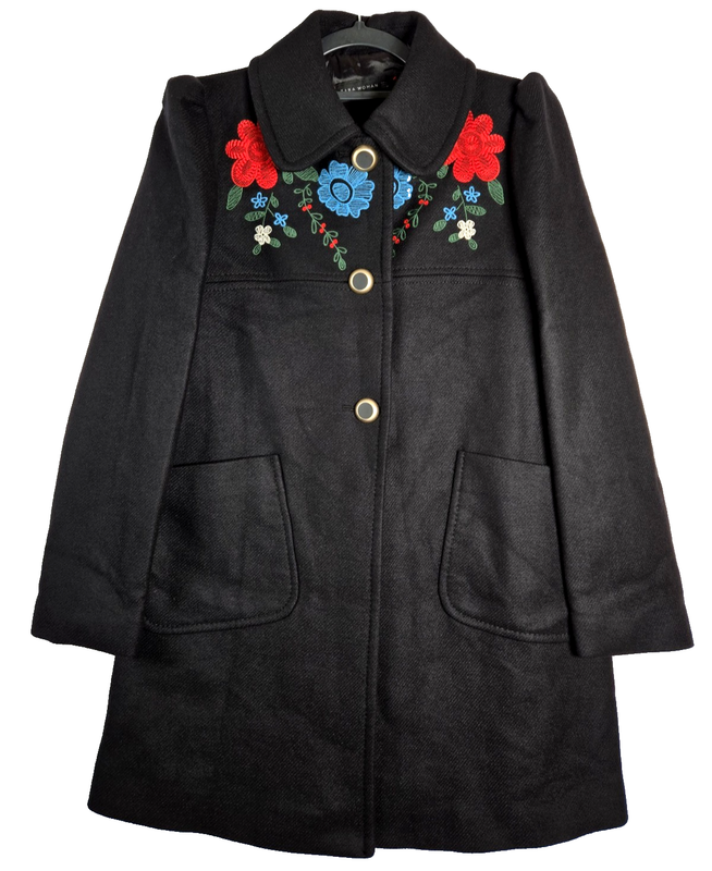 Zara Woman Size Large Black Wool Blend Embroidered Floral Yoke Collar Lined Coat
