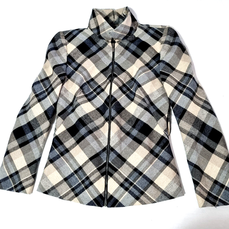 Zara Women Jacket Beige Black Full Zip Checked Shoulder Padded Size S Small