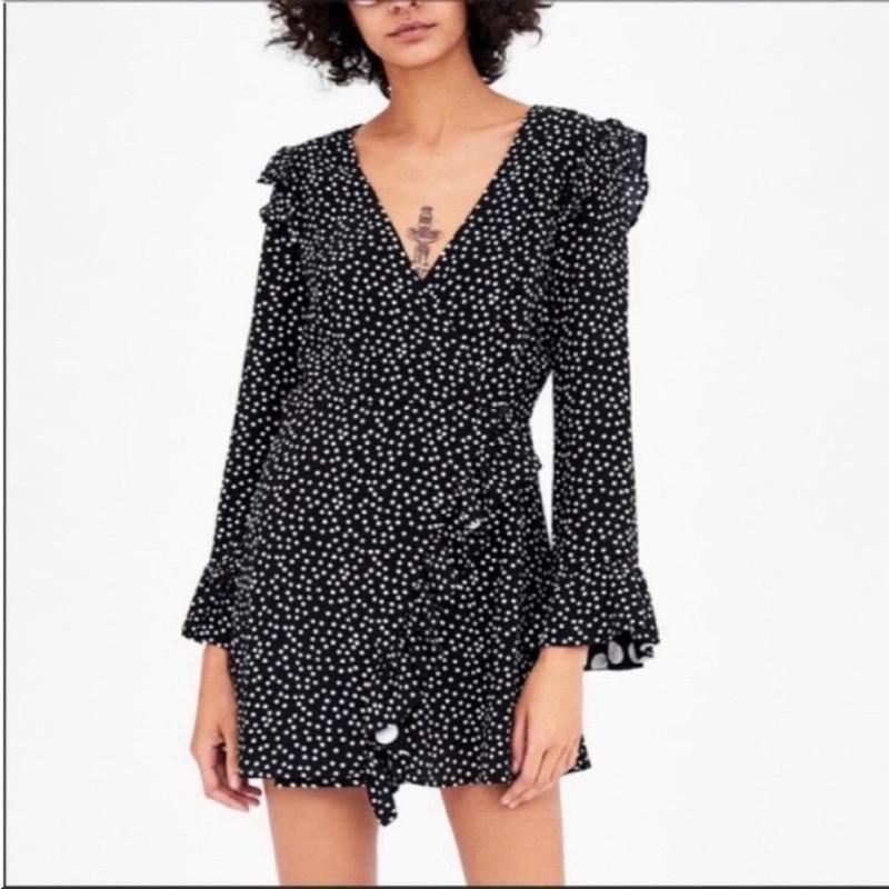 Zara Women's Polka Dot Long Sleeve Ruffle Romper Size Small Black White