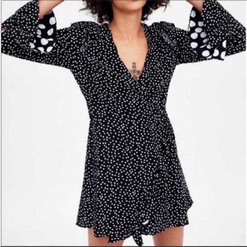 Zara Women's Polka Dot Long Sleeve Ruffle Romper Size Small Black White