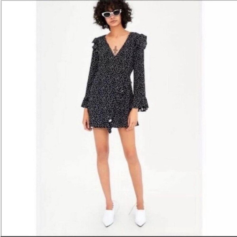 Zara Women's Polka Dot Long Sleeve Ruffle Romper Size Small Black White