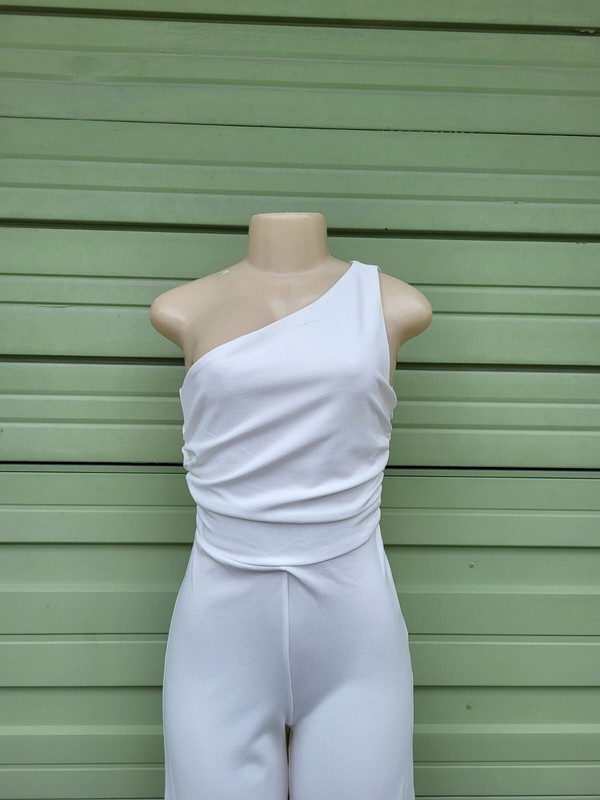 ZARA WOMEN WHITE ASYMMETRIC JUMPSUIT WIDE LEG SIZE S O1701 DEFECT