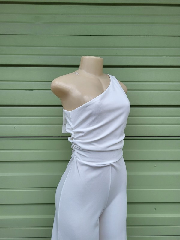 ZARA WOMEN WHITE ASYMMETRIC JUMPSUIT WIDE LEG SIZE S O1701 DEFECT