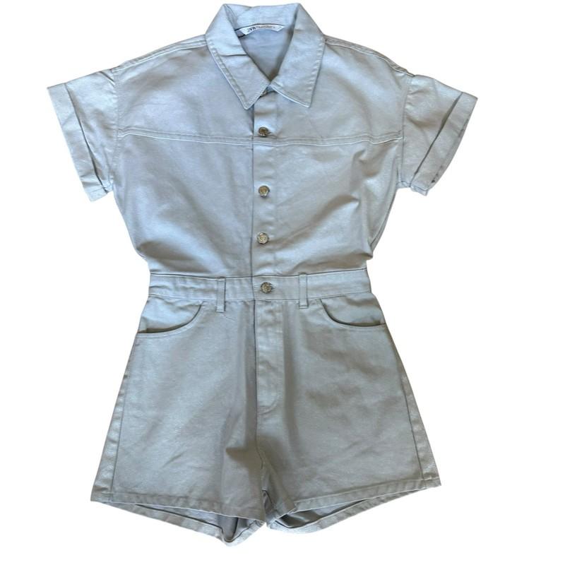 Zara Womens Light Blue Jean Metallic Shimmer Button Front Romper Size S