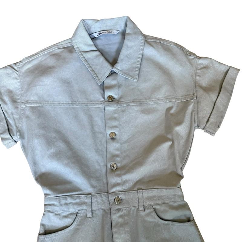Zara Womens Light Blue Jean Metallic Shimmer Button Front Romper Size S