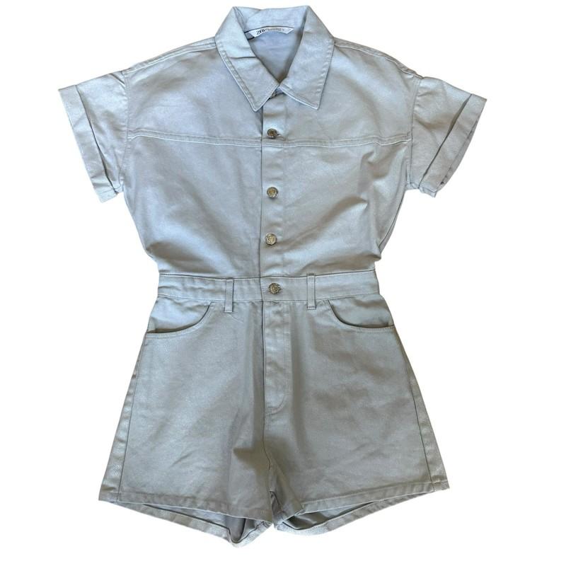 Zara Womens Light Blue Jean Metallic Shimmer Button Front Romper Size S