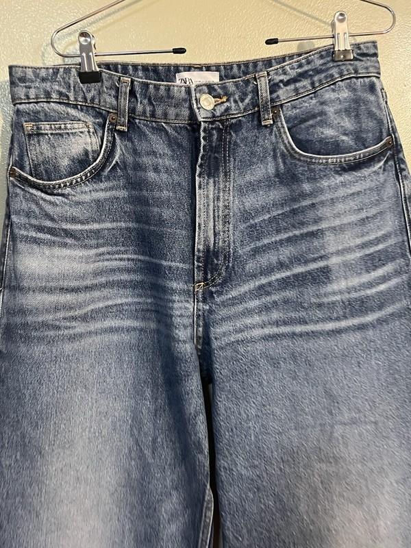 Zara Womens Wide Leg Cropped 100% Cotton Blue Denim Jeans Size 12