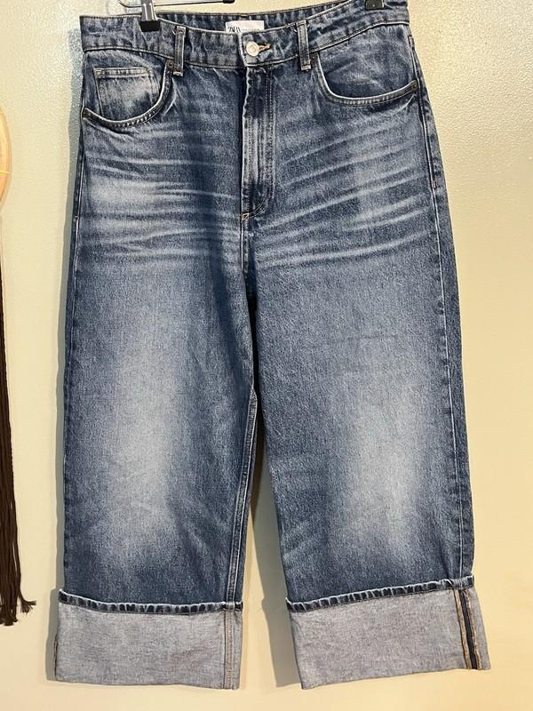Zara Womens Wide Leg Cropped 100% Cotton Blue Denim Jeans Size 12
