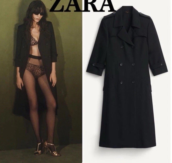 Zara x Kate Moss Long Trench Coat Black Size M 9395/785 New