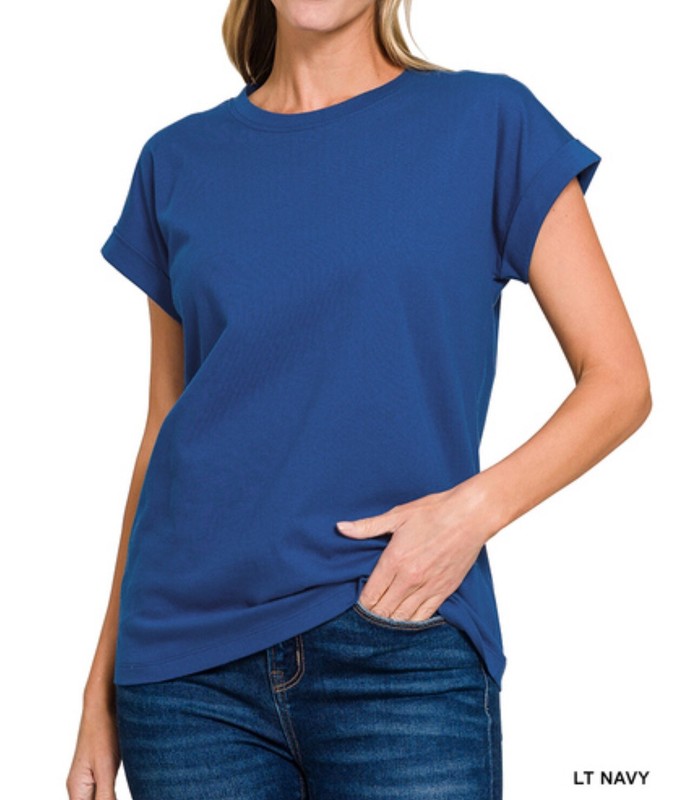 ZENANA 3315 100% COTTON Folded Sleeve T-shirt Round Neck S M L