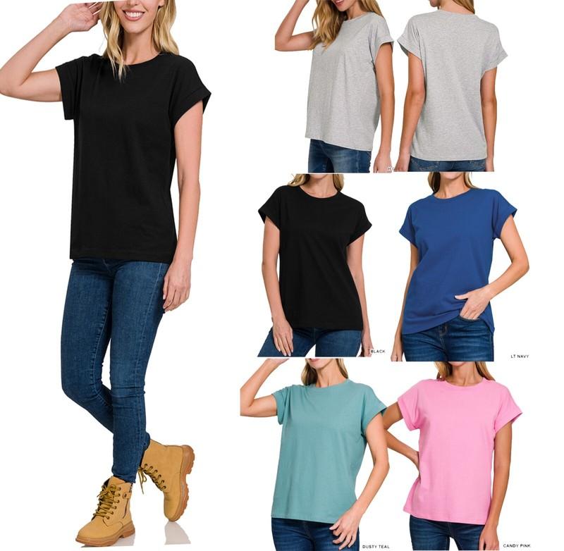 ZENANA 3315 100% COTTON Folded Sleeve T-shirt Round Neck S M L