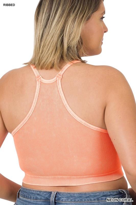 Zenana Curvy Mineral Wash Ribbed Racerback Brami Crop Top 1X-3X 40A-48DD 6167