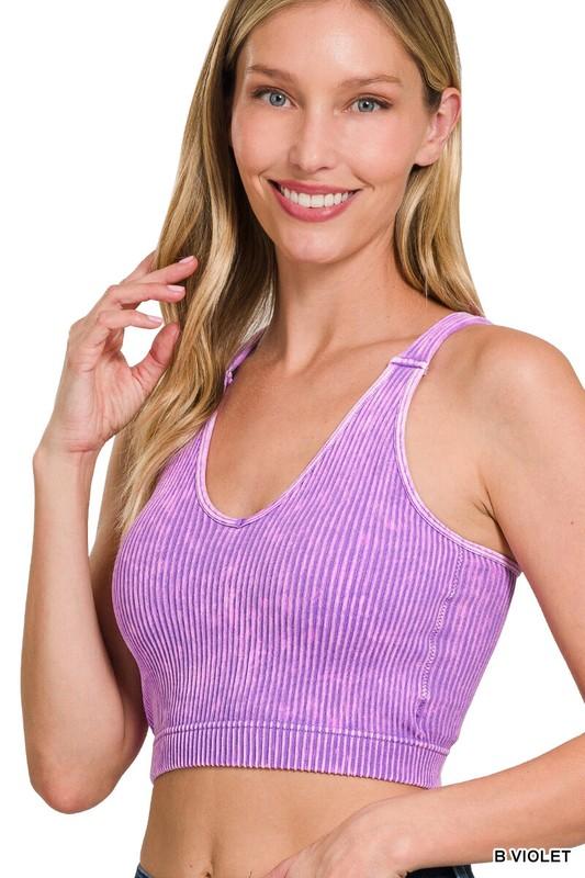 Zenana Ribbed Mineral Wash V Neck Bralette Brami PADDED Crop S-XL 32A-40DD #6175