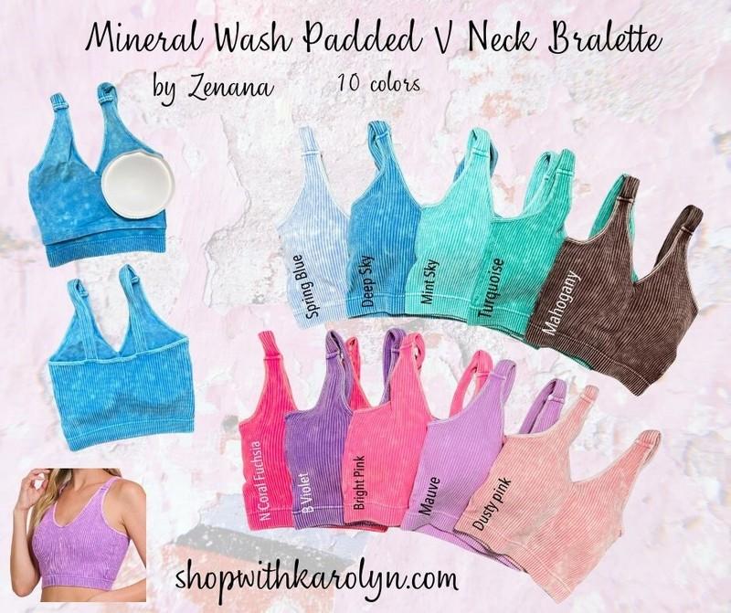 Zenana Ribbed Mineral Wash V Neck Bralette Brami PADDED Crop S-XL 32A-40DD #6175