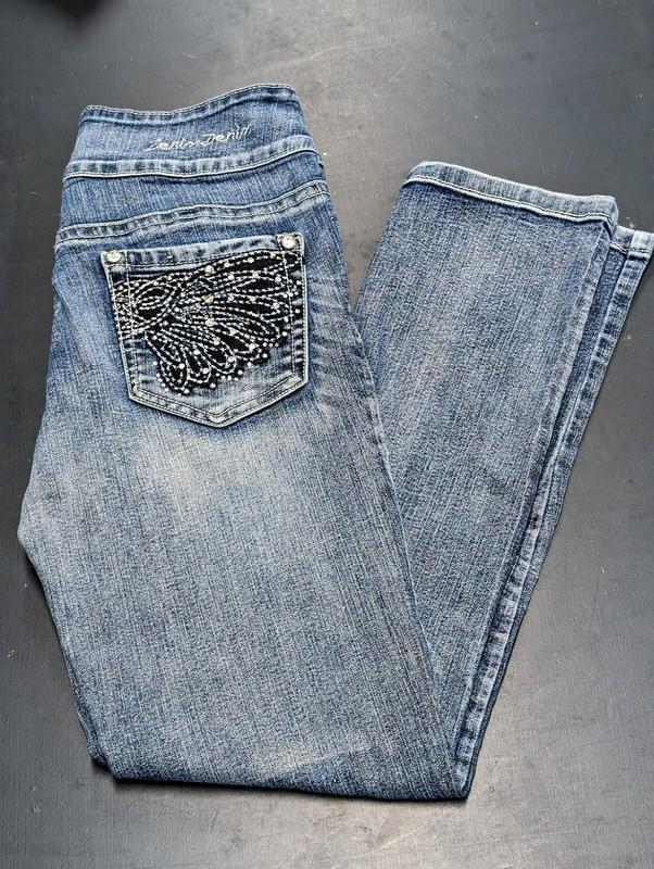 Zenim Size 6 Denim Jegging Pants Embellished Pockets Mid-Low Natural Waist 28