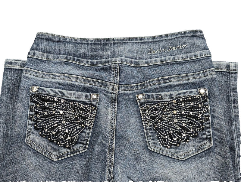 Zenim Size 6 Denim Jegging Pants Embellished Pockets Mid-Low Natural Waist 28
