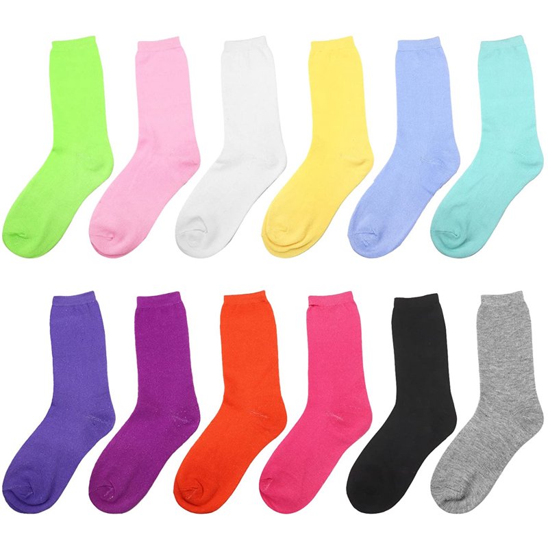 12 Pairs Women's Crew Socks Fancy Novelty Designed Size 9-11 Multicolor Solid Assorted
