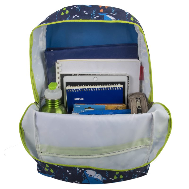 15 Inch Playful Shark Printed Backpack With Matching Velcro Closure Lunchbag