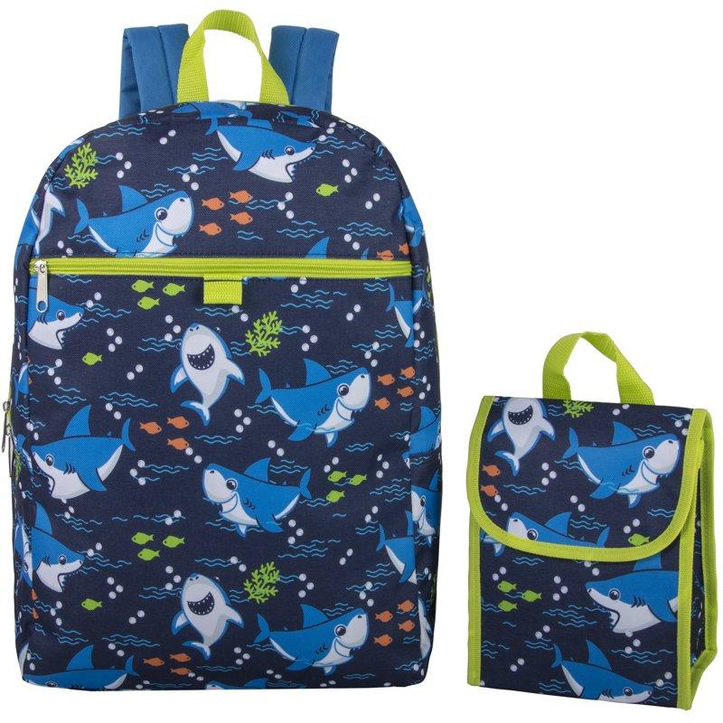15 Inch Playful Shark Printed Backpack With Matching Velcro Closure Lunchbag