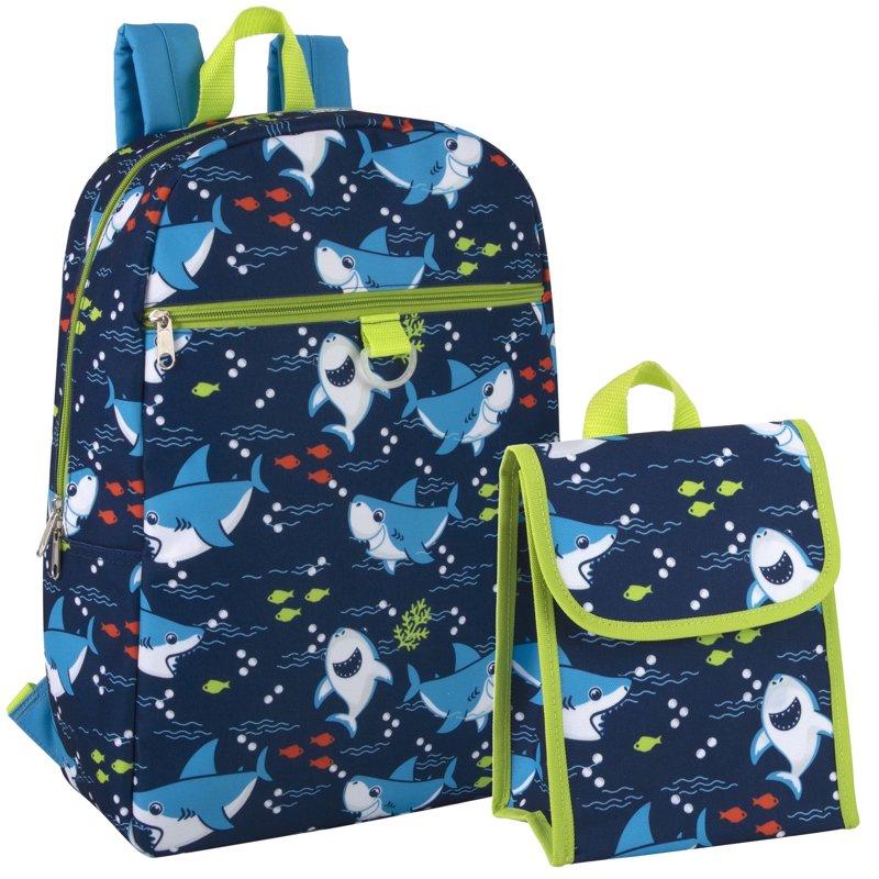15 Inch Playful Shark Printed Backpack with Matching Velcro Closure Lunchbag