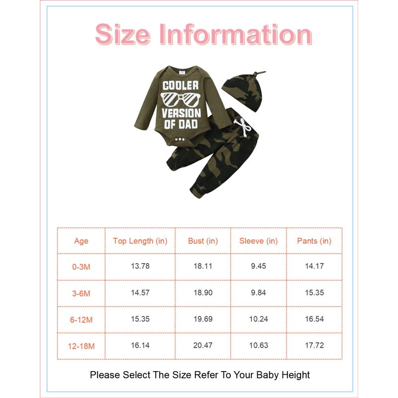 3 Months Baby Boys Clothes 6 Months Boys 3PCS Outfits Set Letter Glasses Print Newborn Boys Long Sleeve Top Camo Pants Set With Hat Green