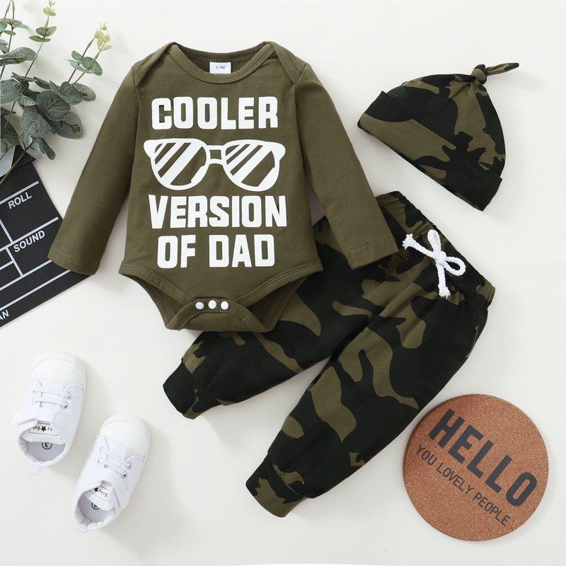 3 Months Baby Boys Clothes 6 Months Boys 3PCS Outfits Set Letter Glasses Print Newborn Boys Long Sleeve Top Camo Pants Set With Hat Green