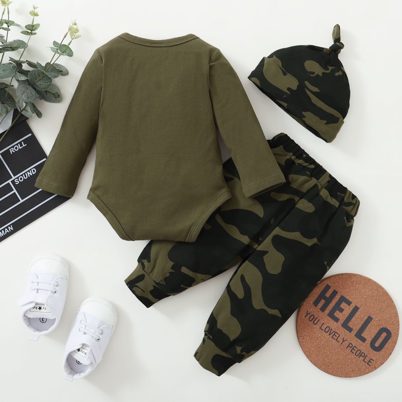 3 Months Baby Boys Clothes 6 Months Boys 3PCS Outfits Set Letter Glasses Print Newborn Boys Long Sleeve Top Camo Pants Set With Hat Green