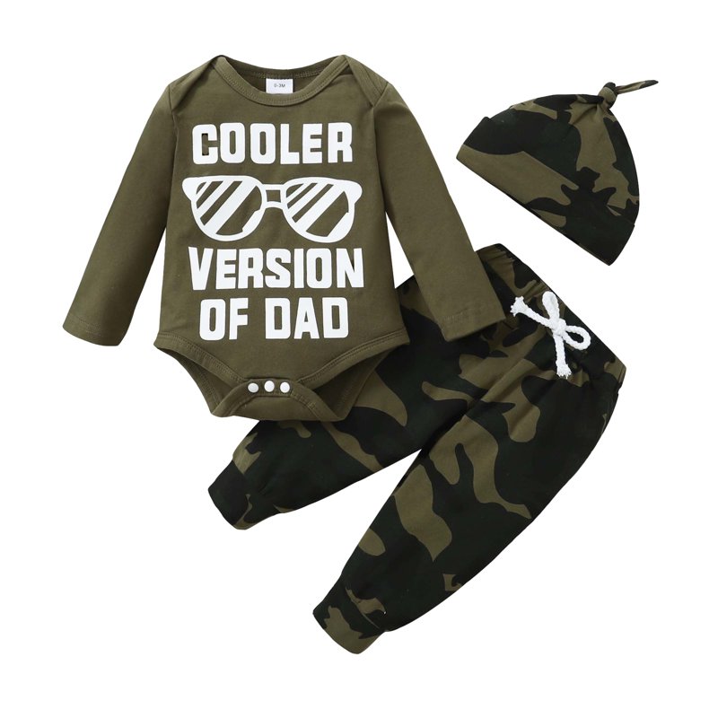 3 Months Baby Boys Clothes 6 Months Boys 3PCS Outfits Set Letter Glasses Print Newborn Boys Long Sleeve Top Camo Pants Set with Hat Green