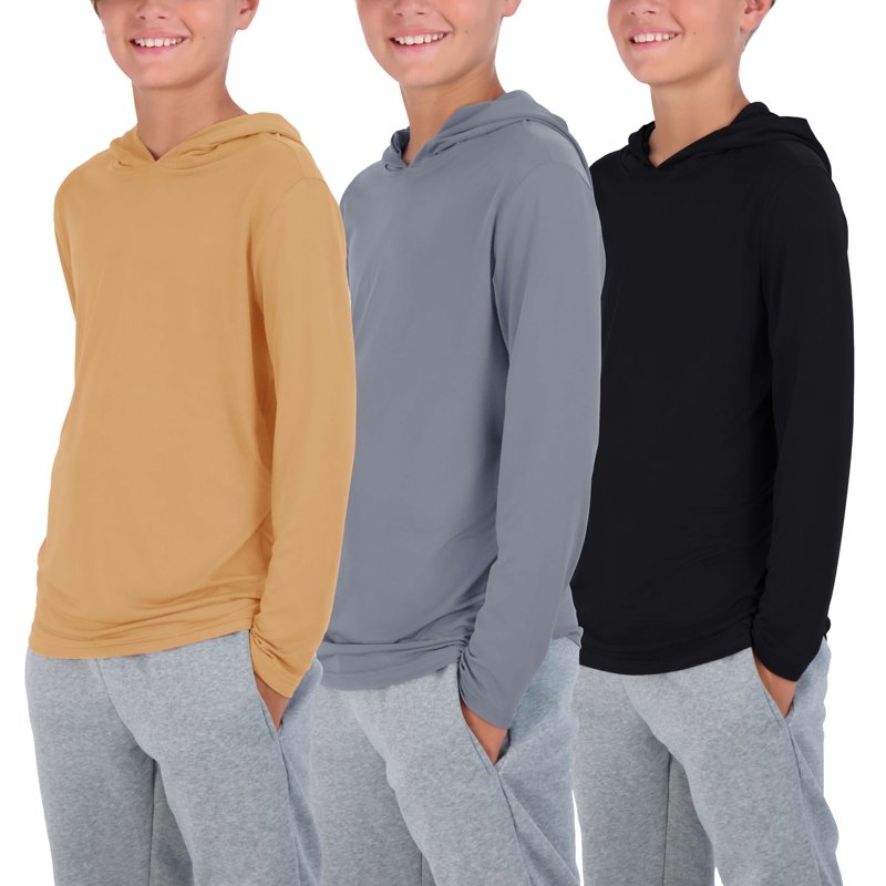3 Pack: Dry-Fit Youth Boys Teen Active Long Sleeve Hoodie Sweatshirts - Hooded Pullover Shirts