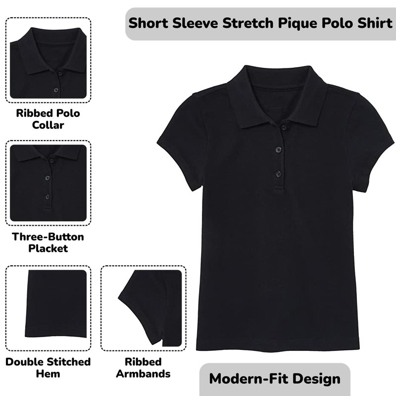 3-Pack Girl's 3-Button Short Sleeve Stretch Pique Polo Shirts School Uniform (4-20)