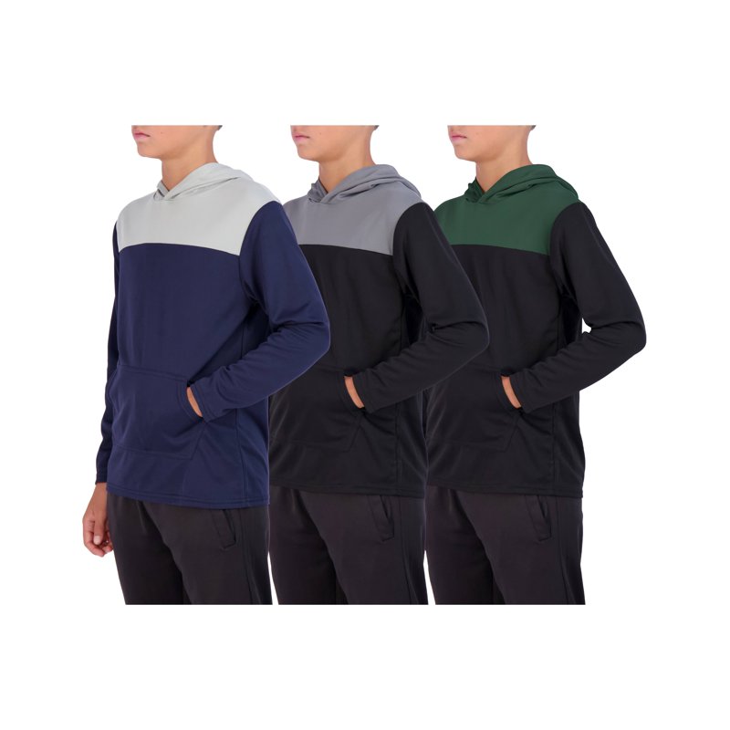 3 Pack: Youth Mesh Long Sleeve Pullover Hoodie Active Sweatshirt - Kangaroo Pocket - Boys & Girls