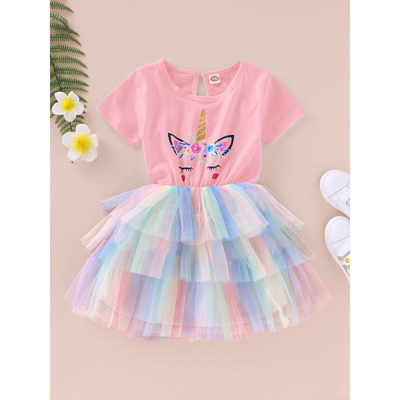 4T Baby Girls Clothes 5T Toddler Girls Summer Dress Short Sleeve Dress Unicorn Dress Tulle Dress Pink Dress