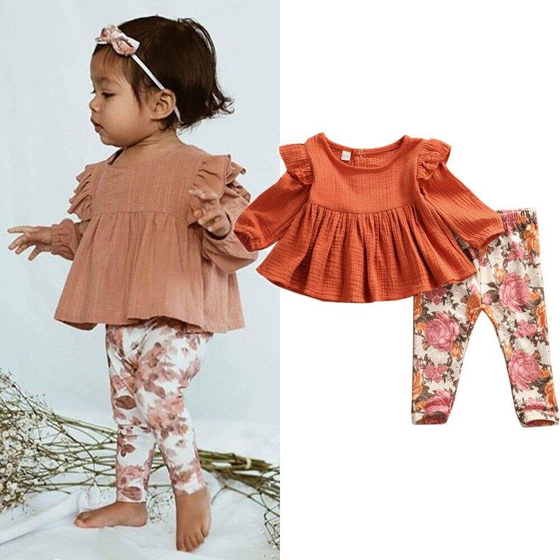 6M-5Y Toddler Baby Kid Girls Flower Clothing Set Autumn Long Sleeve Ruffles Tops + Floral Pants Outfits