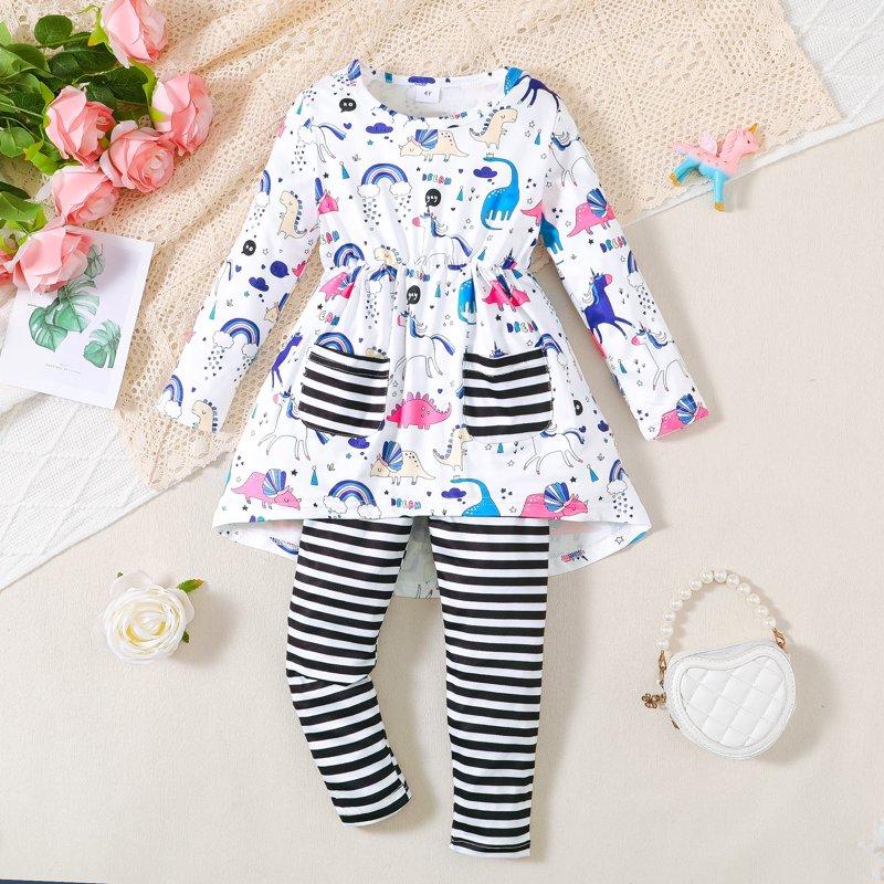 6T Little Girls Clothes 6T Girls 2PCS Outfits Set Unicorn Print Little Girls Long Sleeve Irregular Top Pants Set White