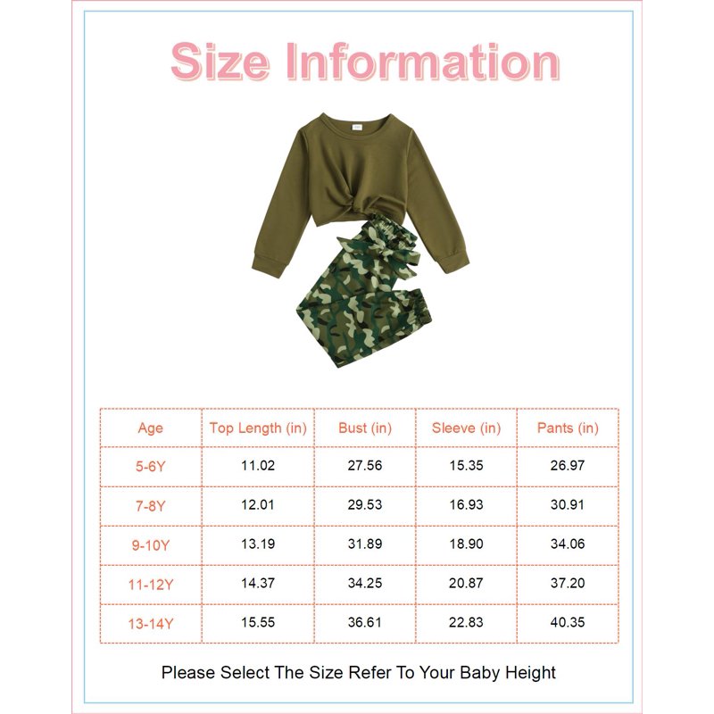 7T Big Girls Clothes 8 Years Big Girls 2PCS Fall Winter Outfits Set Big Girls Long Sleeve Top Camo Pants Set Army Green